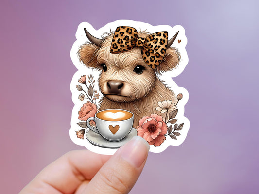 Cute Highland Cow W/Leopard Bow Sticker
