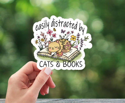 Easily Distracted By Cats & Books Sticker