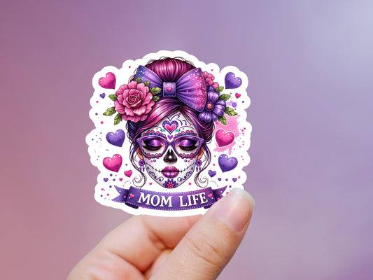 Purple Mom Life Sugar Skull Sticker
