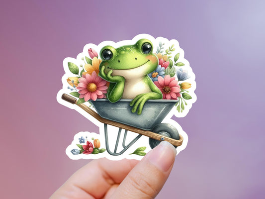 Cute Frog With Flowers In Wheelbarrow Sticker,