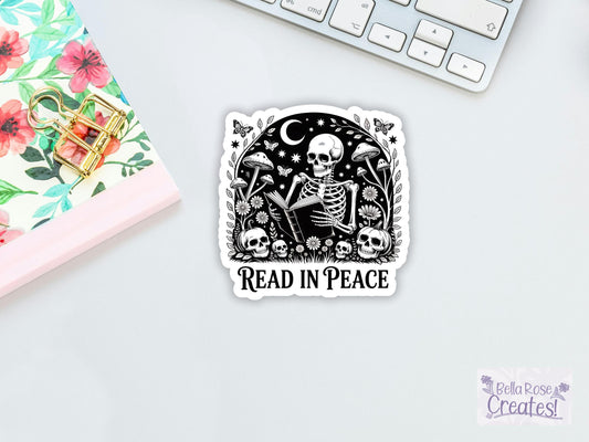 Read In Peace Skeleton and Mushroom Sticker