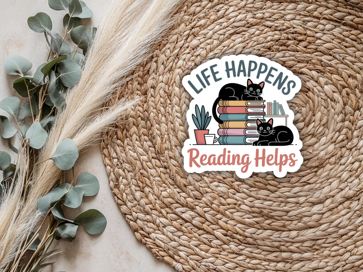 Life Happens Reading Helps Black Cat & Books Sticker