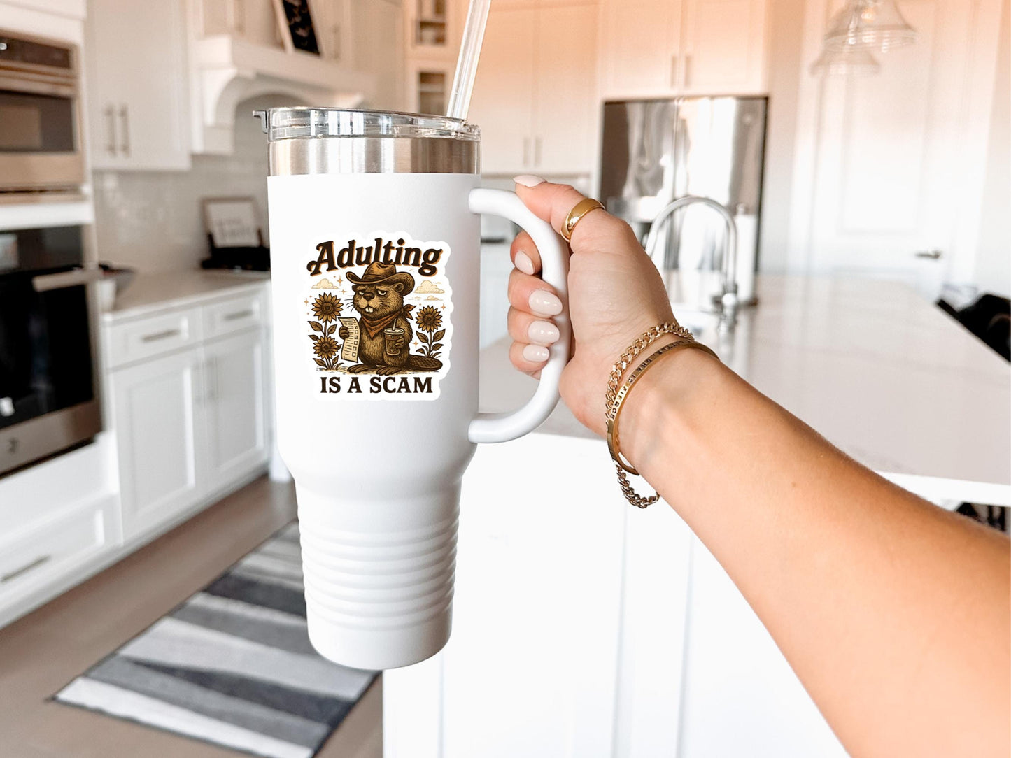 Adulting Is A Scam Beaver With Sunflowers Sticker