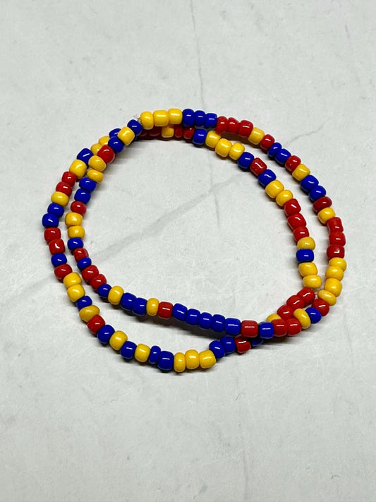 Single Strand Red, Blue, and Yellow Seed Bead Bracelet