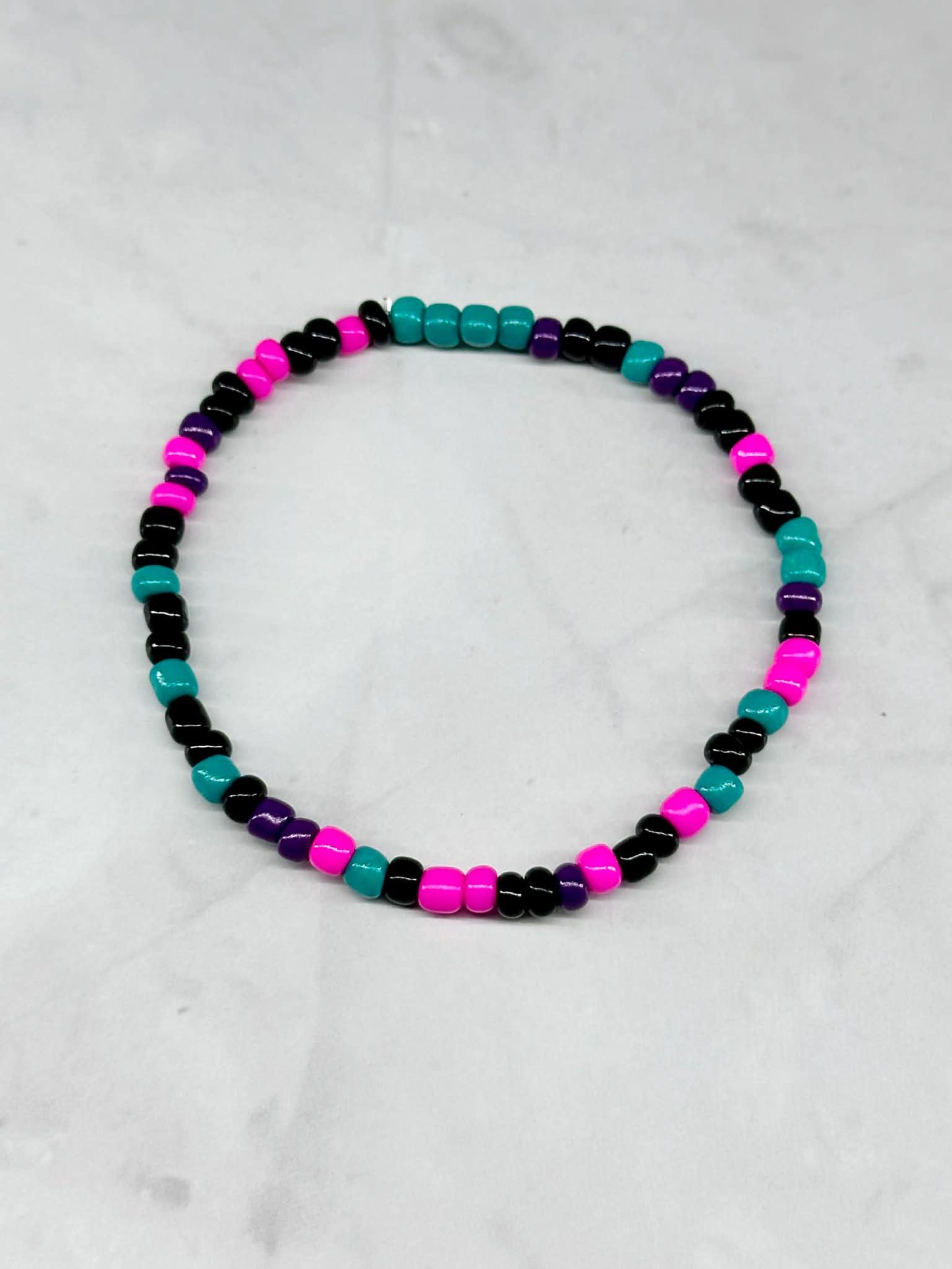 Single Strand Bright Pink, Teal, Purple Seed Bead Bracelet