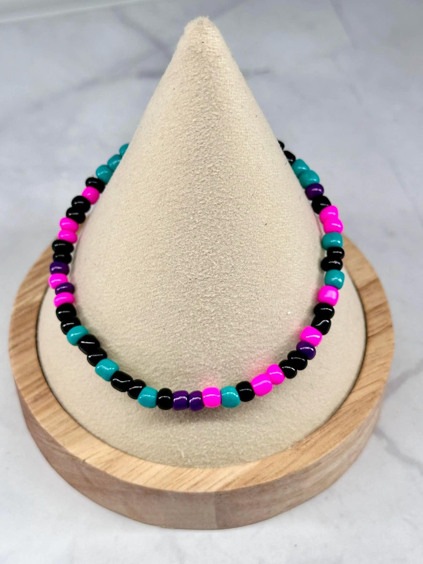 Single Strand Bright Pink, Teal, Purple Seed Bead Bracelet