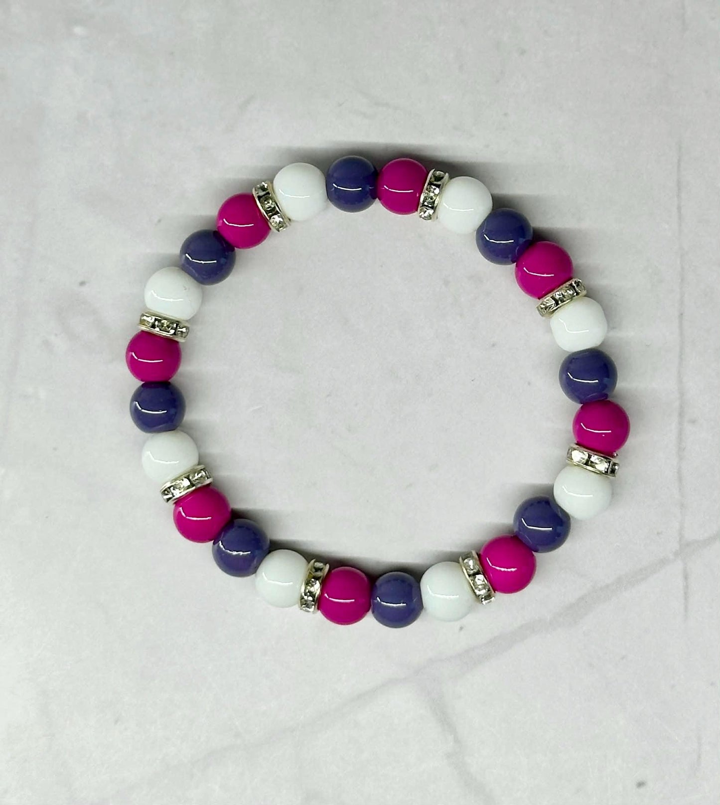 Single Strand Magenta, White and Gray Mixture Beaded Stretch Bracelet