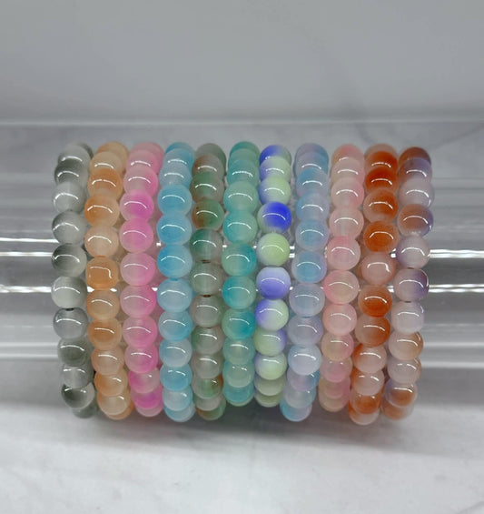 Single Strand Colorful Opaque Two Toned Beaded Stretch Bracelet