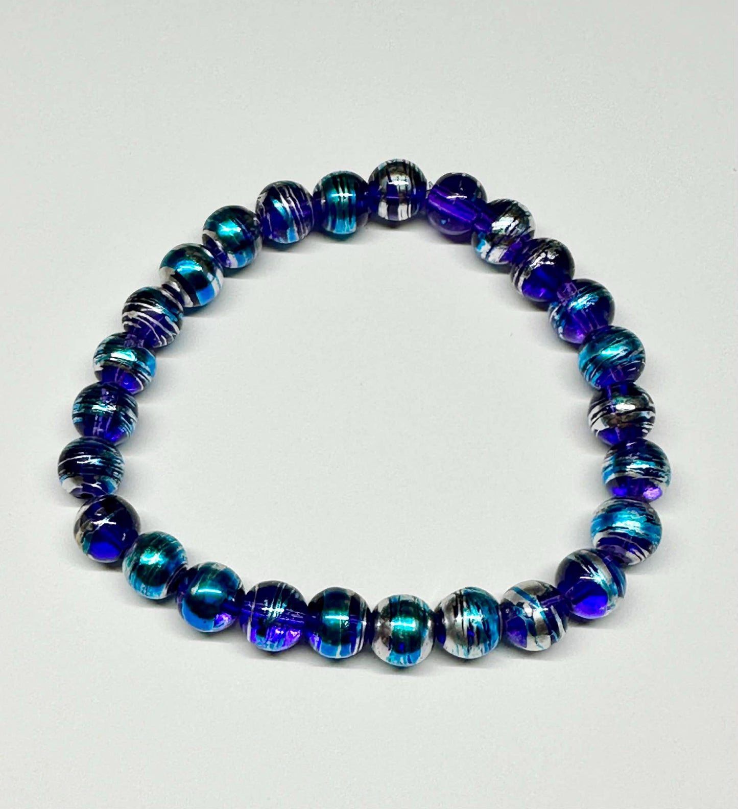 Single Strand Blue, Purple & Silver Mix Beaded Stretch Bracelet