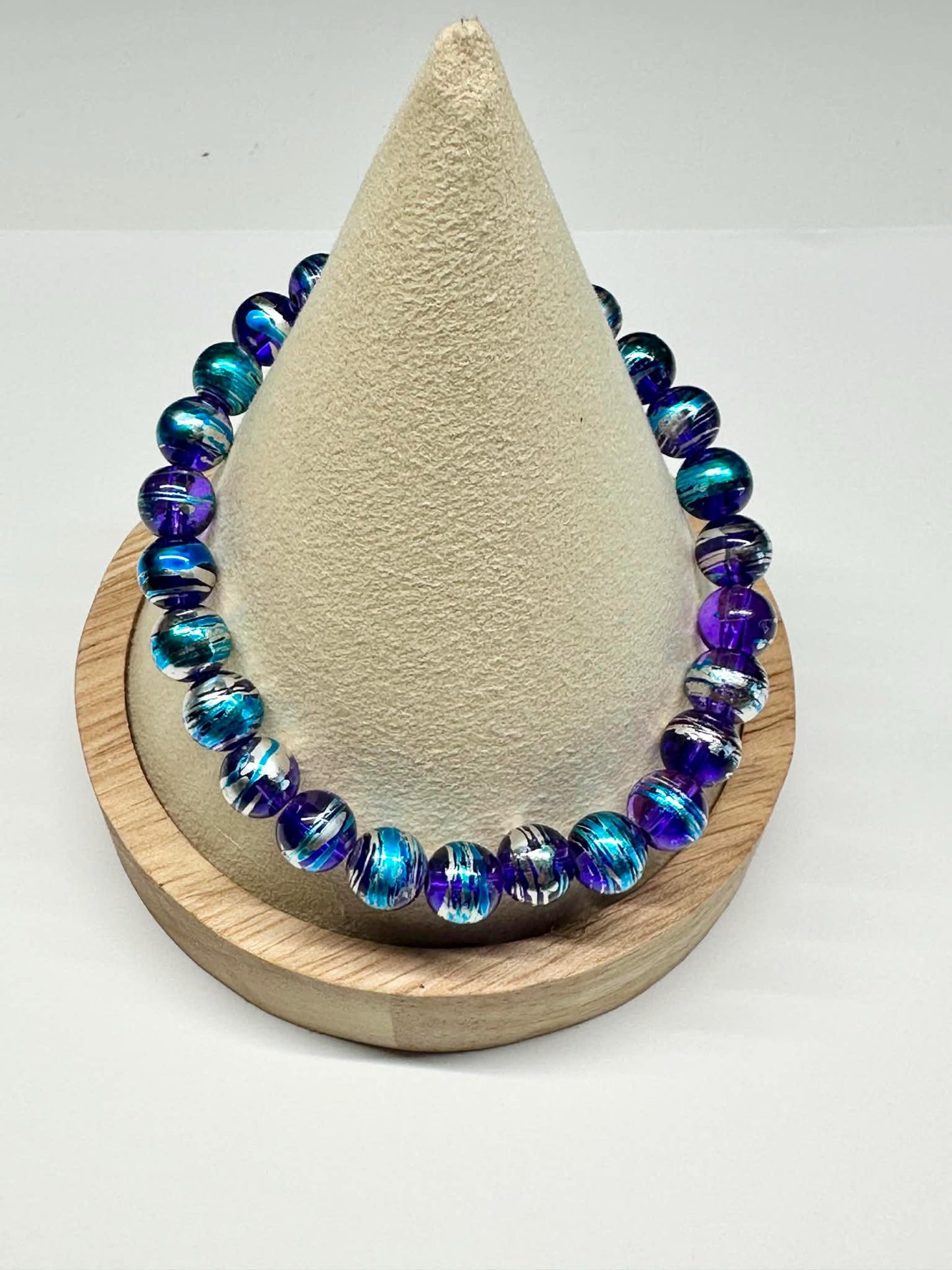 Single Strand Blue, Purple & Silver Mix Beaded Stretch Bracelet