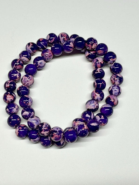 Single Strand Purple & Pink Marble Mix Beaded Stretch Bracelet
