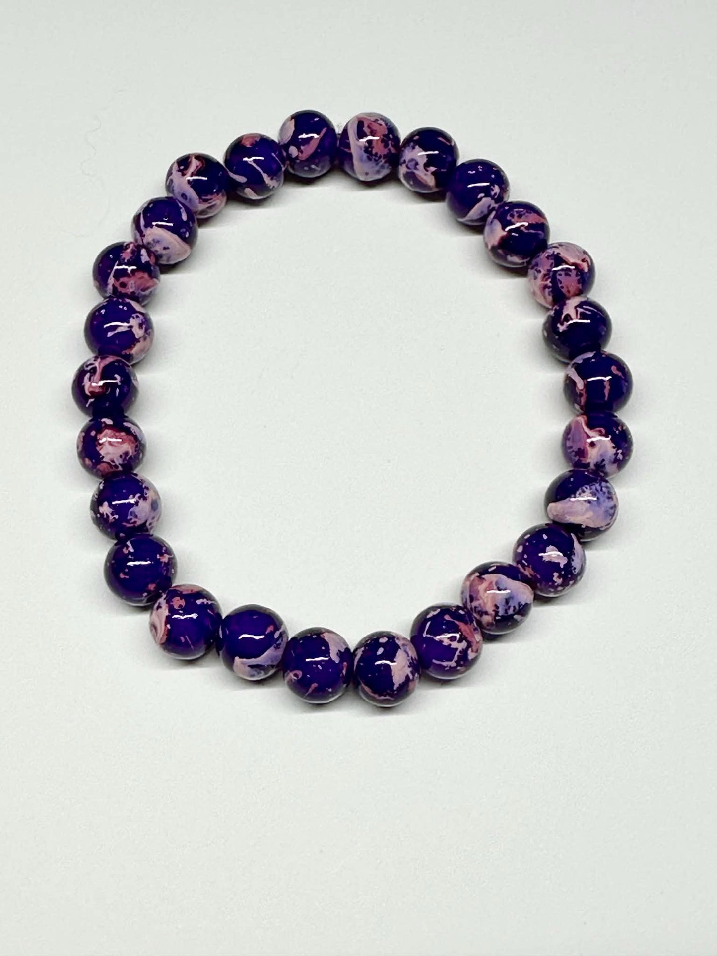 Single Strand Purple & Pink Marble Mix Beaded Stretch Bracelet