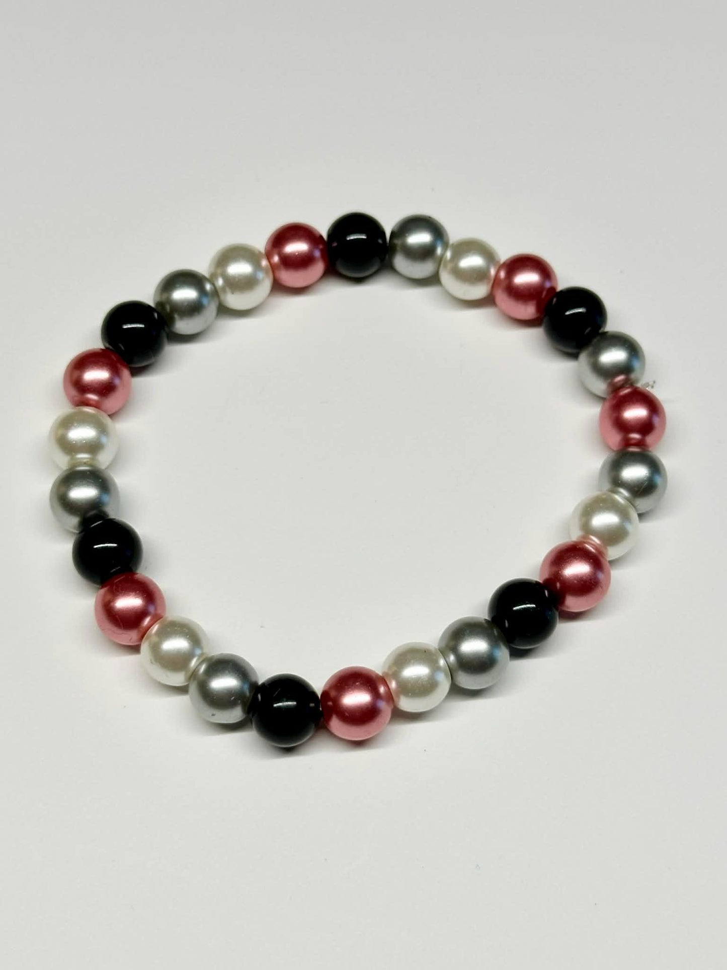Single Strand Colorful Gray, Black, White, Pink Faux Pearl Beaded Stretch Bracelet
