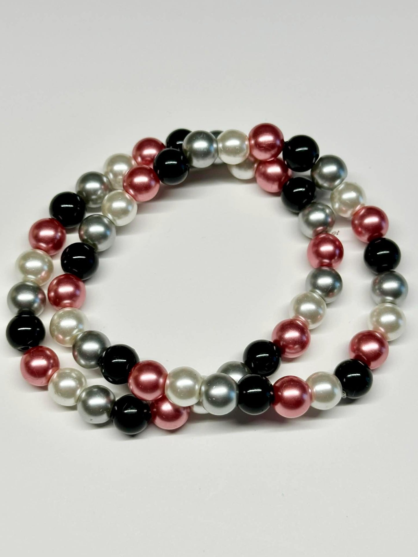 Single Strand Colorful Gray, Black, White, Pink Faux Pearl Beaded Stretch Bracelet