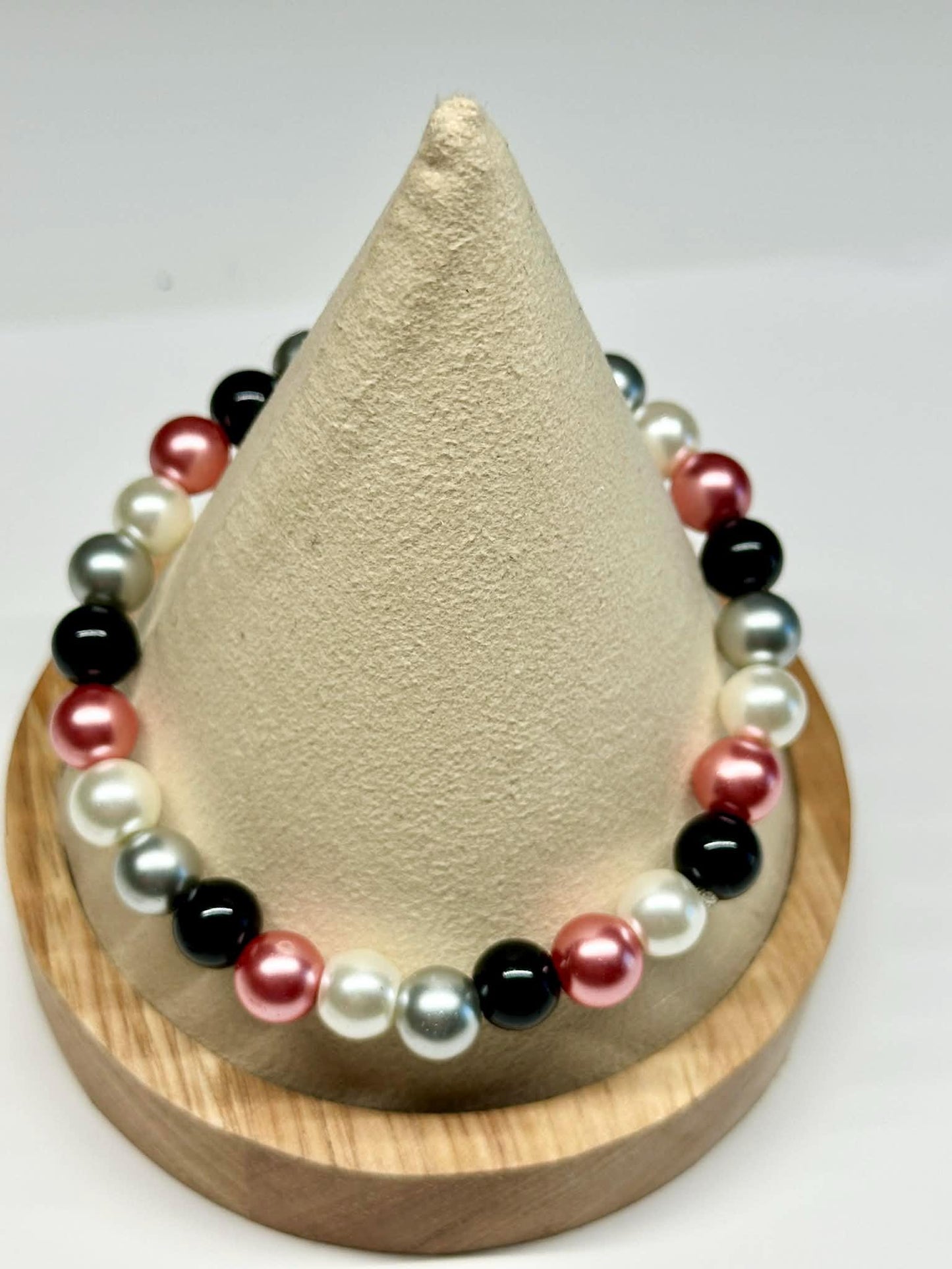 Single Strand Colorful Gray, Black, White, Pink Faux Pearl Beaded Stretch Bracelet