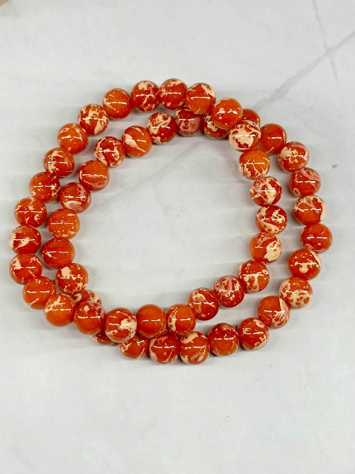 Single Strand Orange Marble Beaded Stretch Bracelet