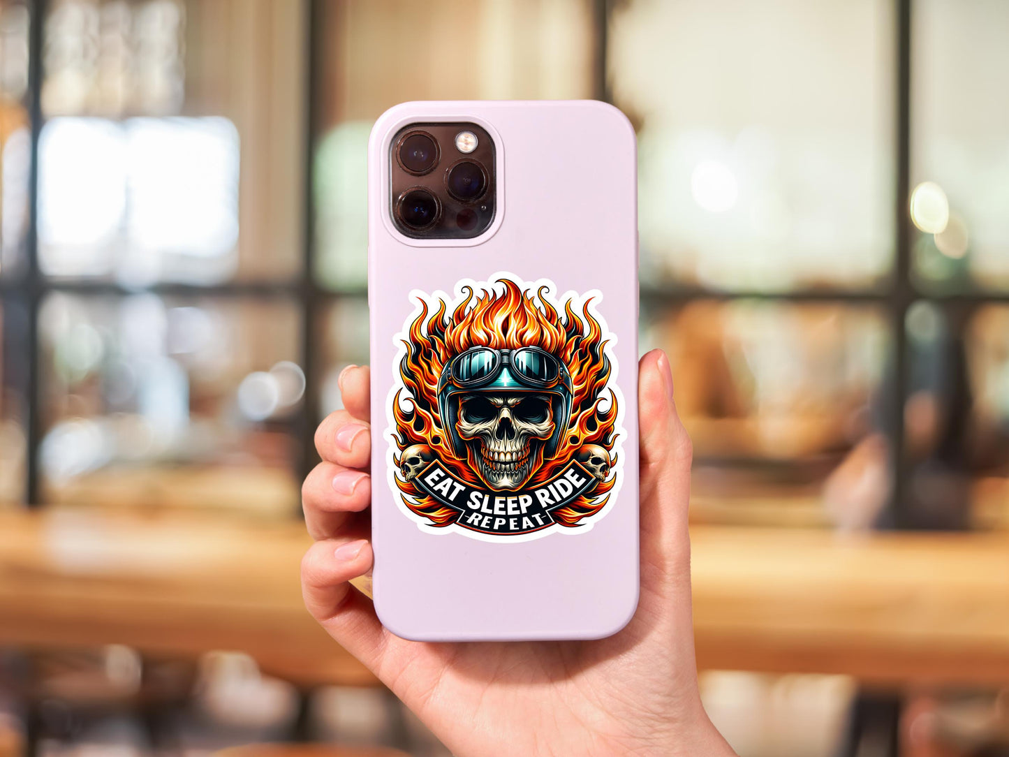 Eat Sleep Ride Repeat Skeleton and Flames Sticker
