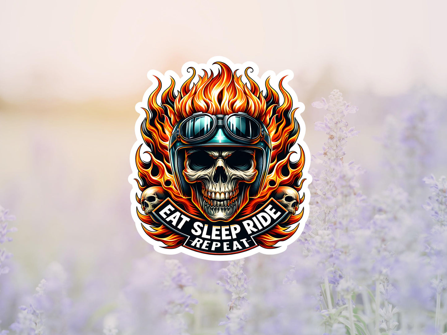 Eat Sleep Ride Repeat Skeleton and Flames Sticker