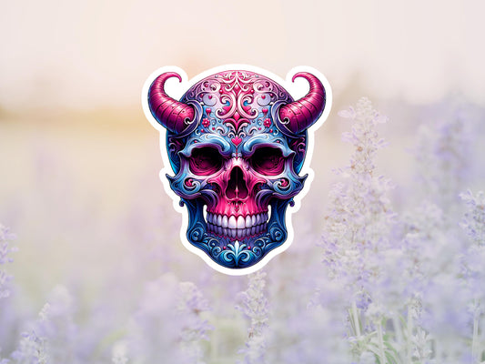 Dark Pink & Blue Gothic Skull W/Horns Sticker