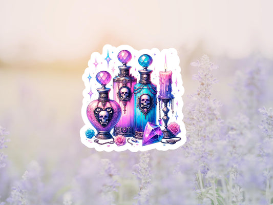 Dark Gothic Pink & Turquoise Potion Bottles With Skulls Sticker