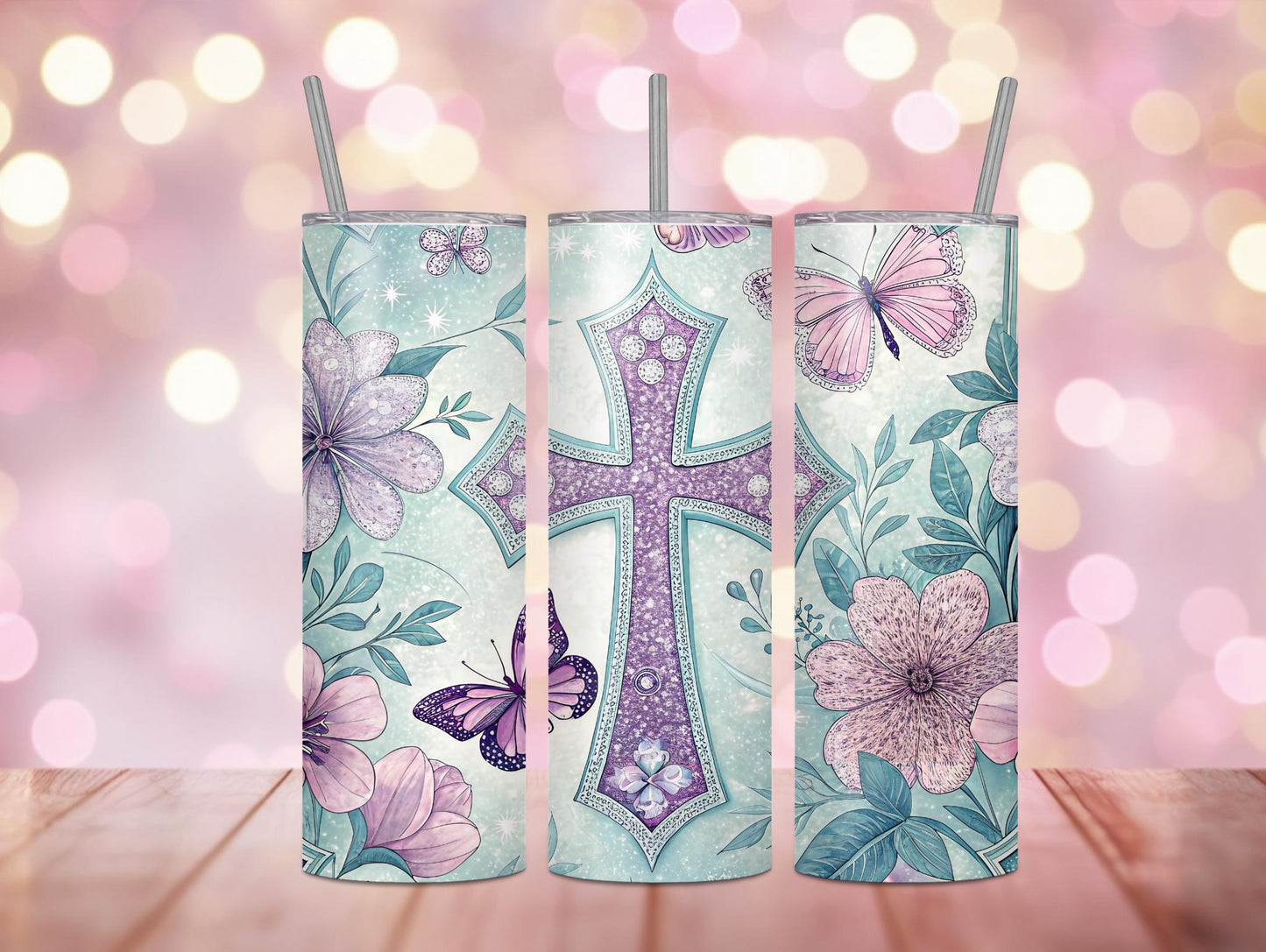 Purple Faux Glitter Cross & Flowers 20oz Tumbler