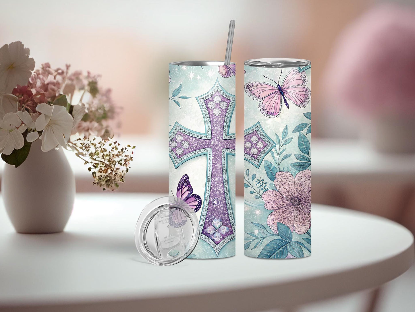 Purple Faux Glitter Cross & Flowers 20oz Tumbler
