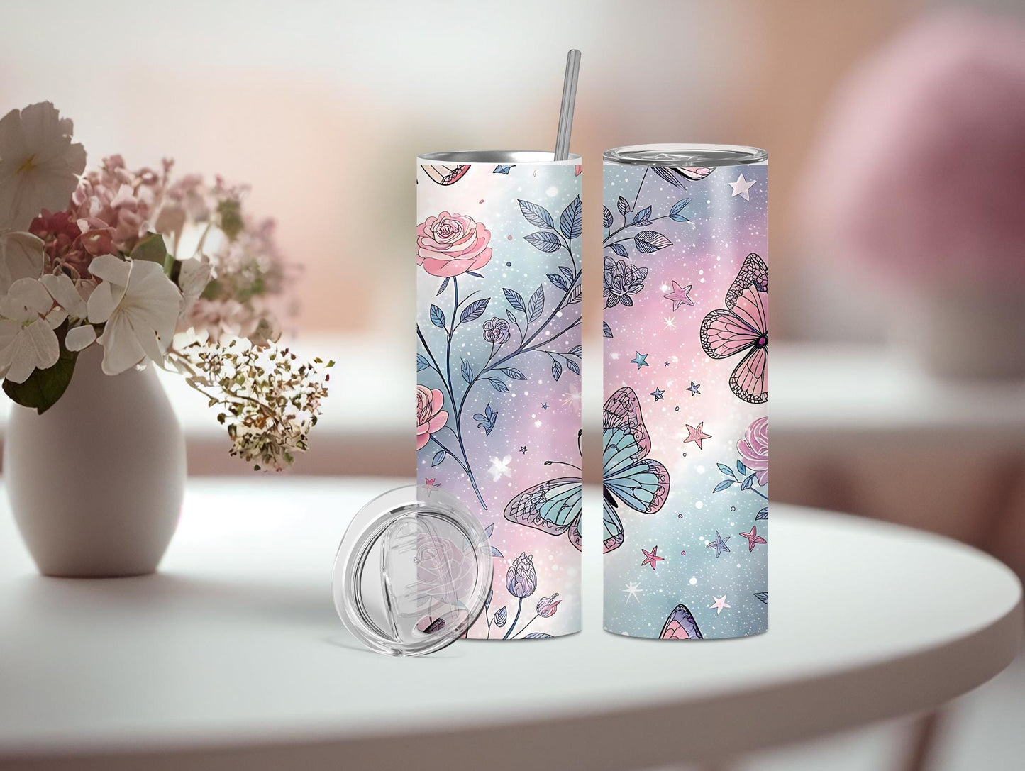 Ombre Pink Roses and Butterflies 20oz Tumbler