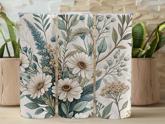 Green and Off White Floral 20oz Tumbler