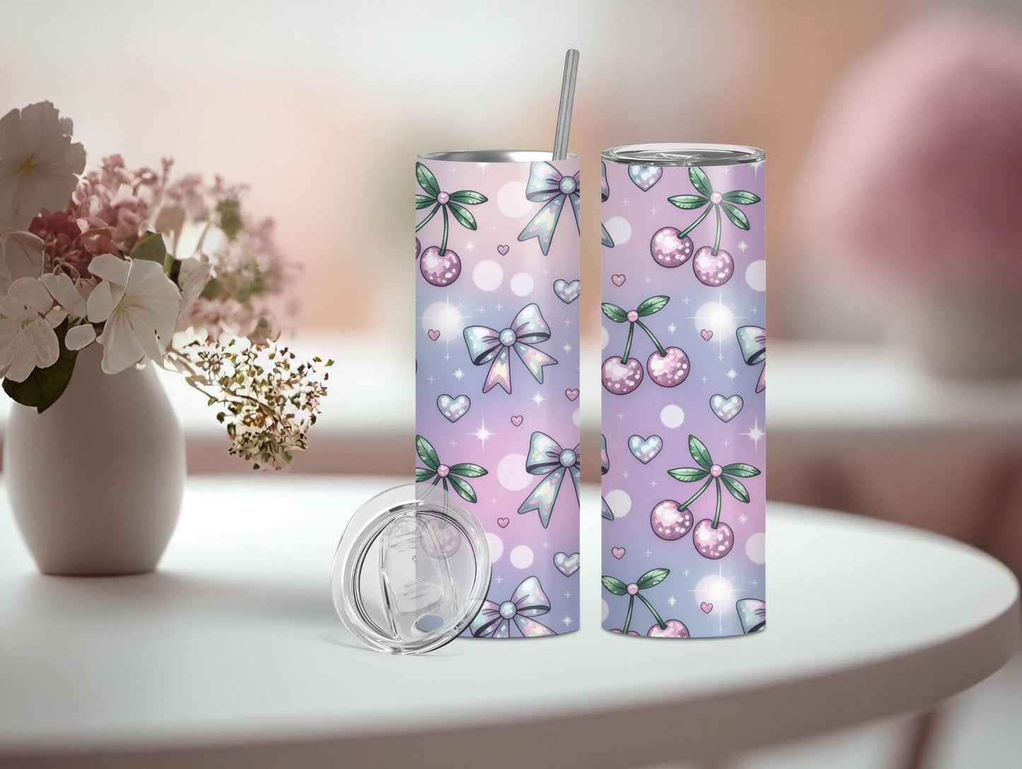 Ombre Iridescent Cherries and Bow 20oz Tumbler