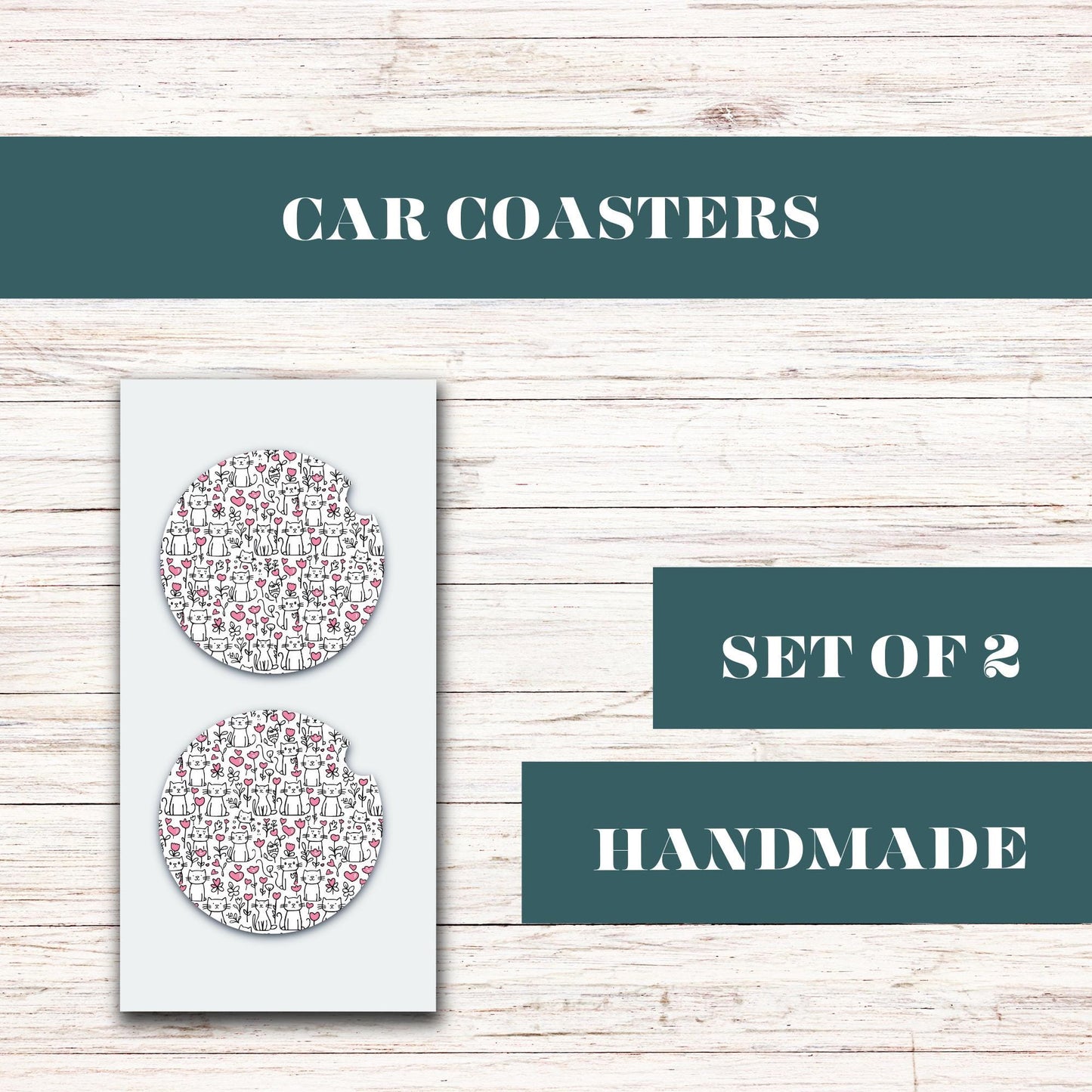 Cats and Pink Hearts Neoprene Car Coaster