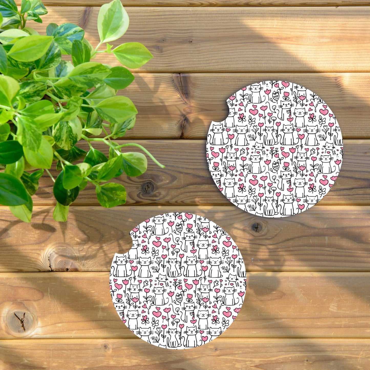 Cats and Pink Hearts Neoprene Car Coaster