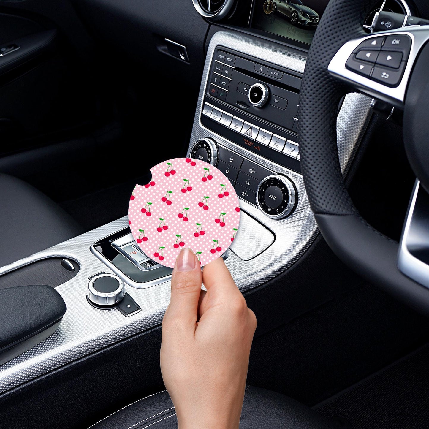 Cherries With Pink And White Dots Neoprene Car Coaster
