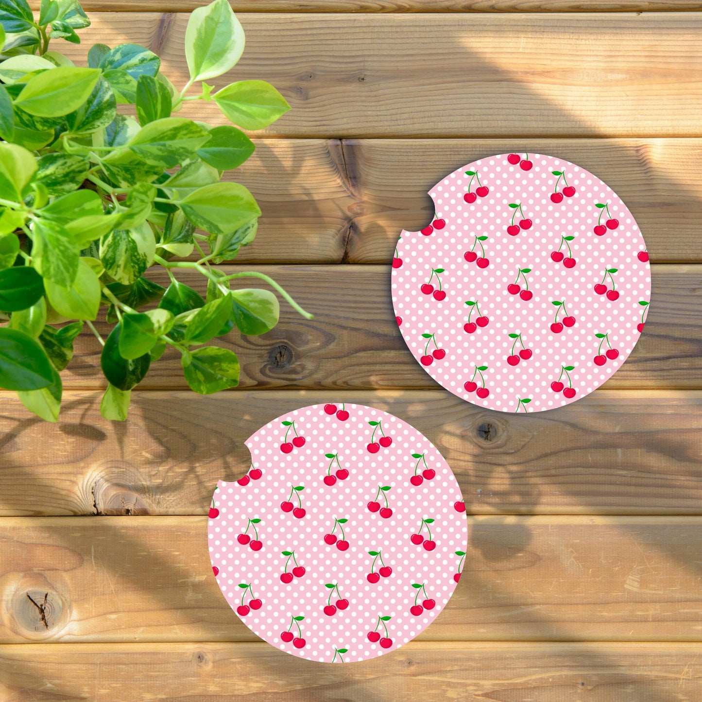 Cherries With Pink And White Dots Neoprene Car Coaster