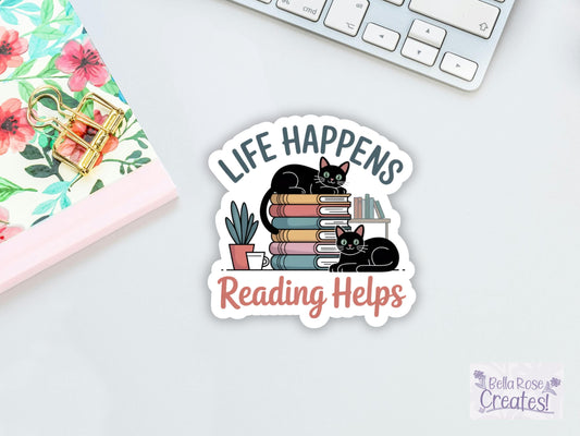 Life Happens Reading Helps Black Cat & Books Sticker