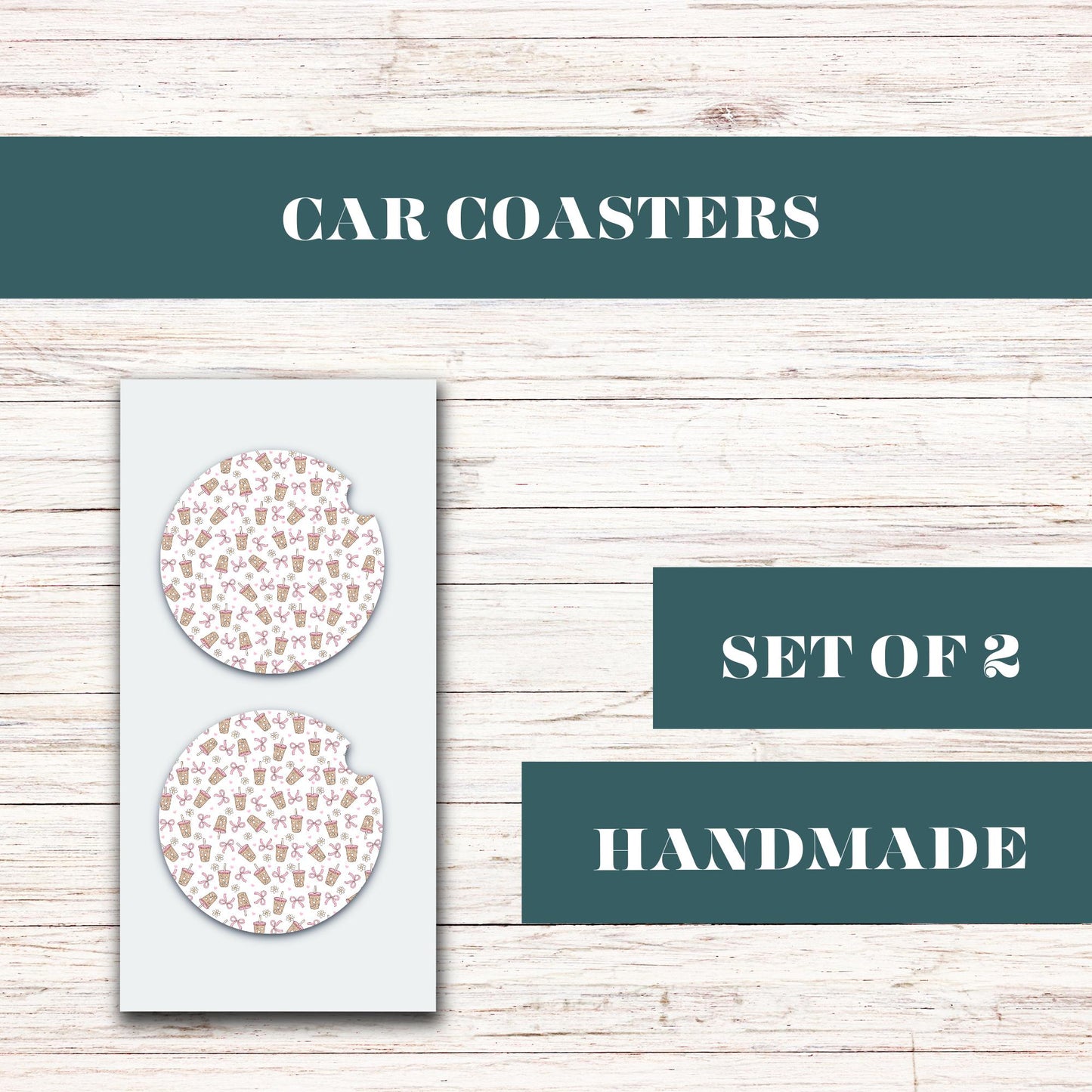 Iced Coffee And Pink Bows Neoprene Car Coaster