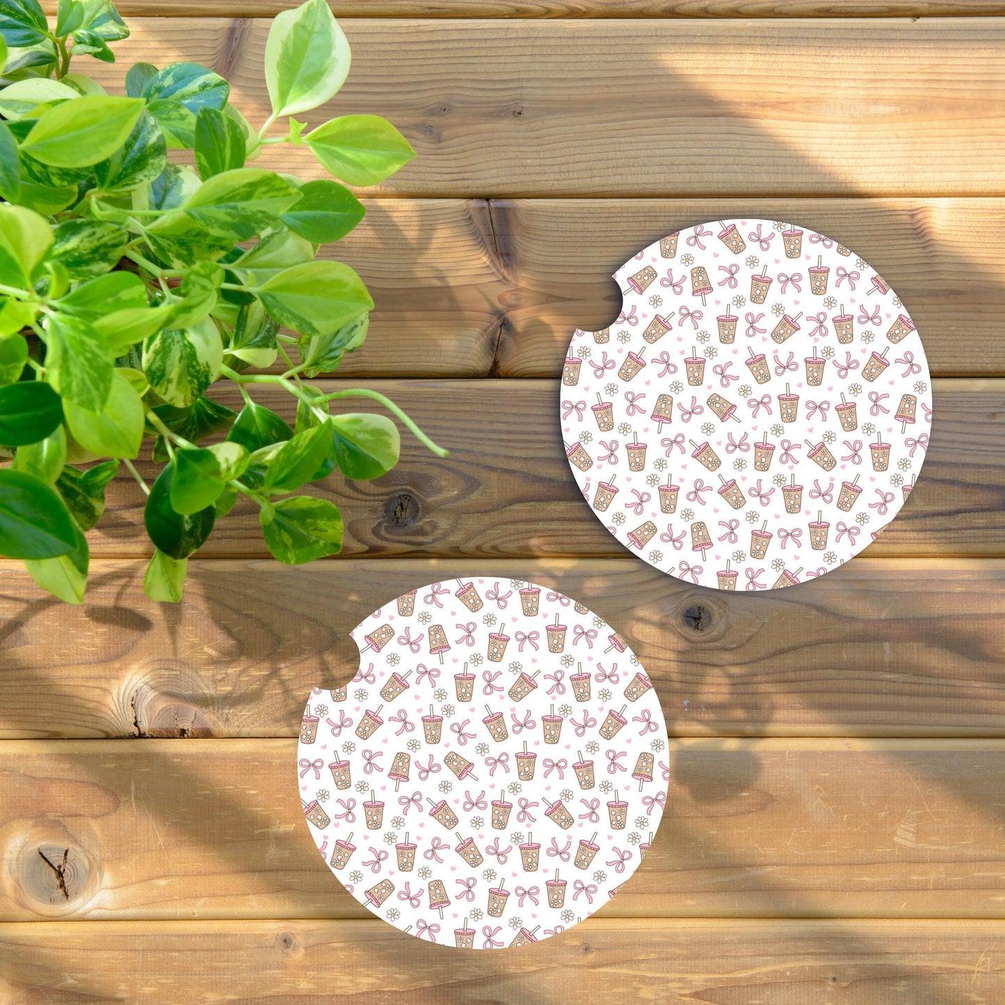 Iced Coffee And Pink Bows Neoprene Car Coaster