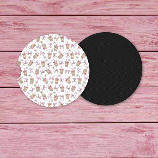 Iced Coffee And Pink Bows Neoprene Car Coaster