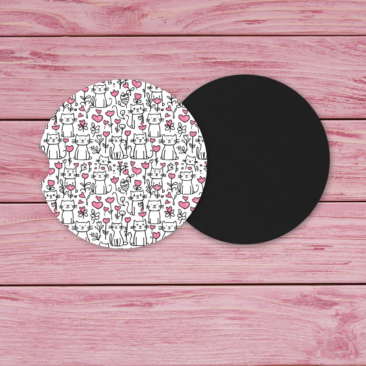 Cats and Pink Hearts Neoprene Car Coaster
