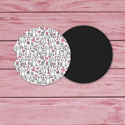 Cats and Pink Hearts Neoprene Car Coaster