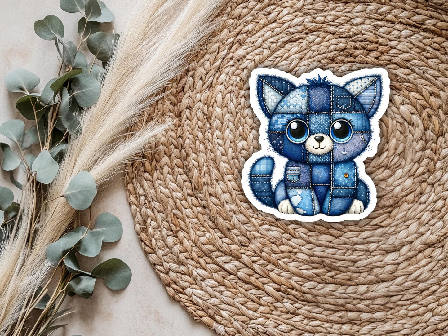 Blue Patchwork Cat Sticker