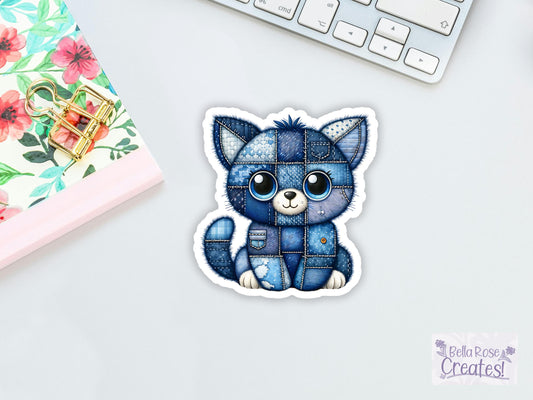 Blue Patchwork Cat Sticker