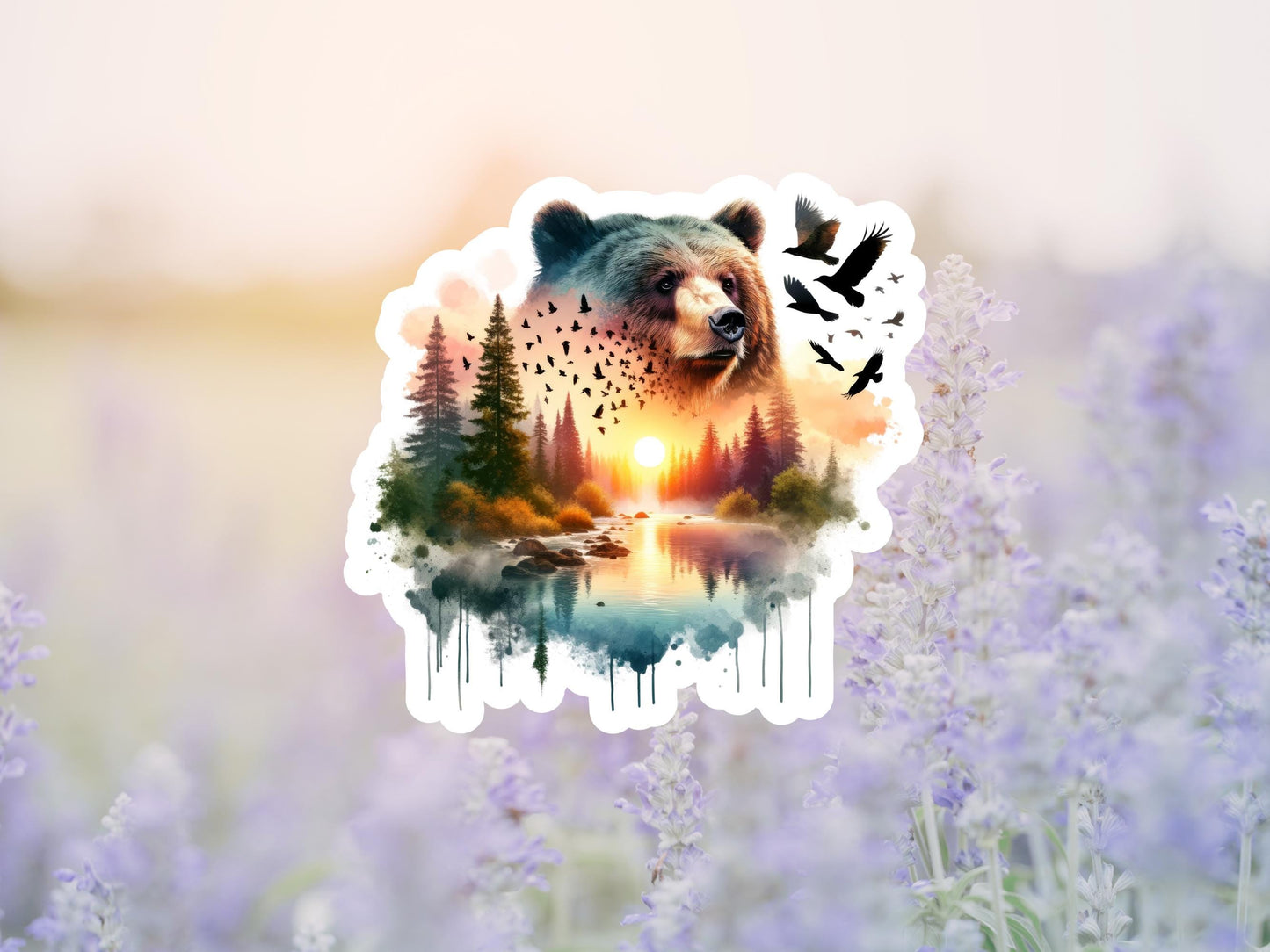 Bear And Forest Double Image Watercolor Sticker