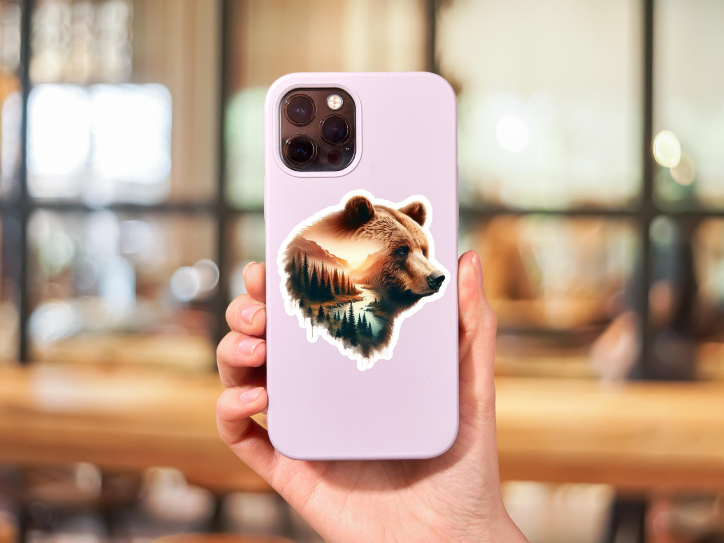 Bear And Forest River Double Image Watercolor Sticker