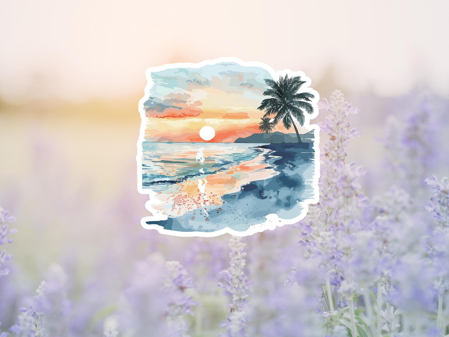 Watercolor Ocean And Palm Tree Scene Sticker