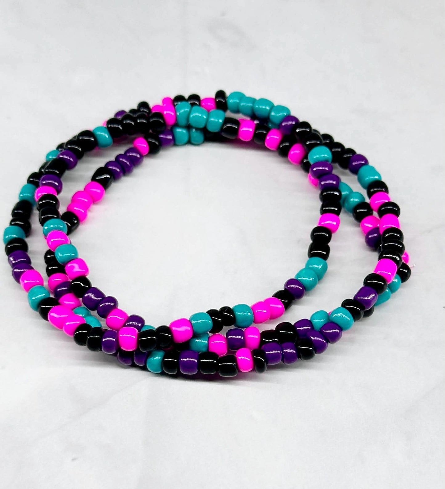 Single Strand Bright Pink, Teal, Purple Seed Bead Bracelet