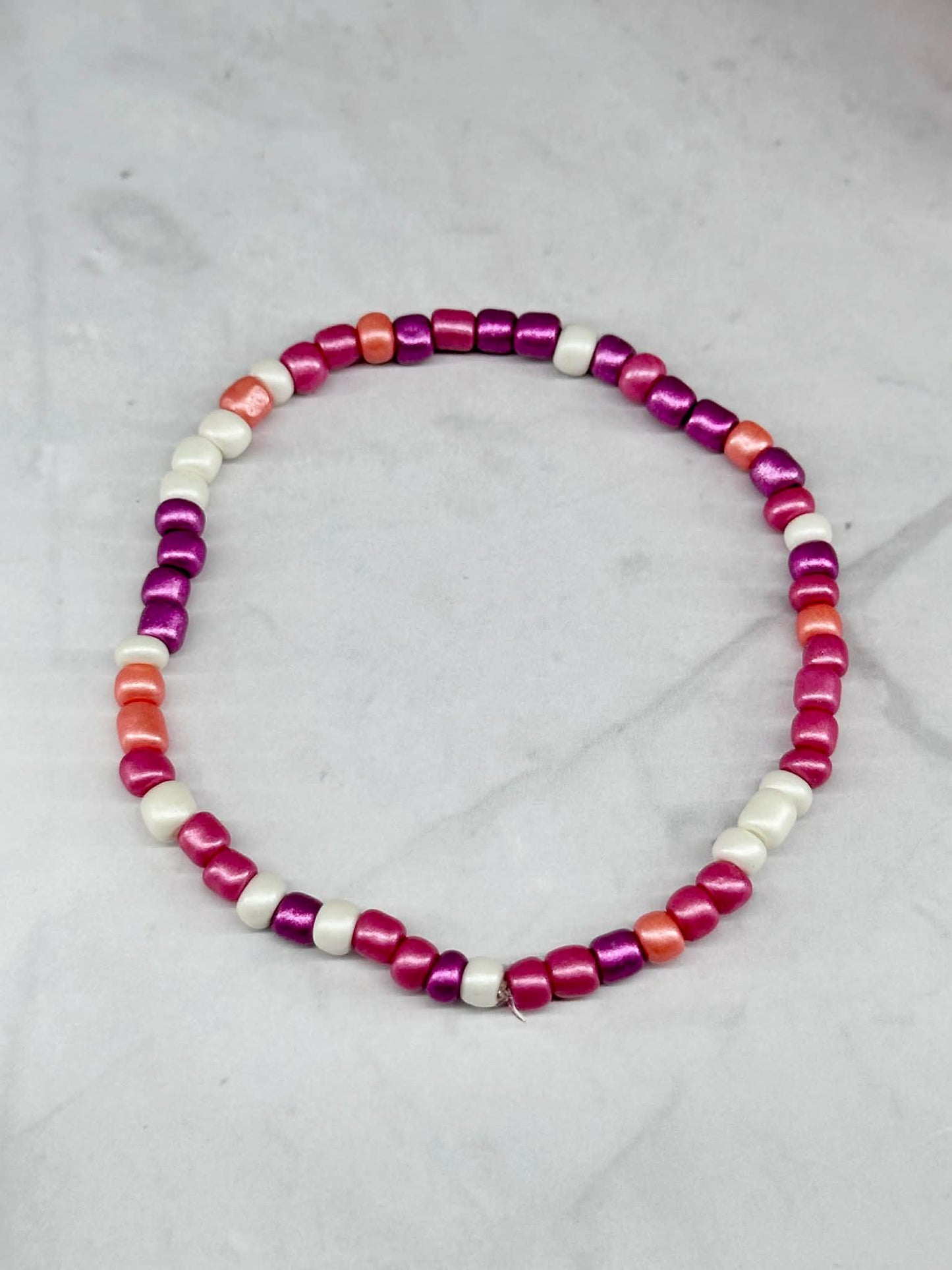 Single Strand Shimmer Pink, Off White, Purple Seed Bead Bracelet