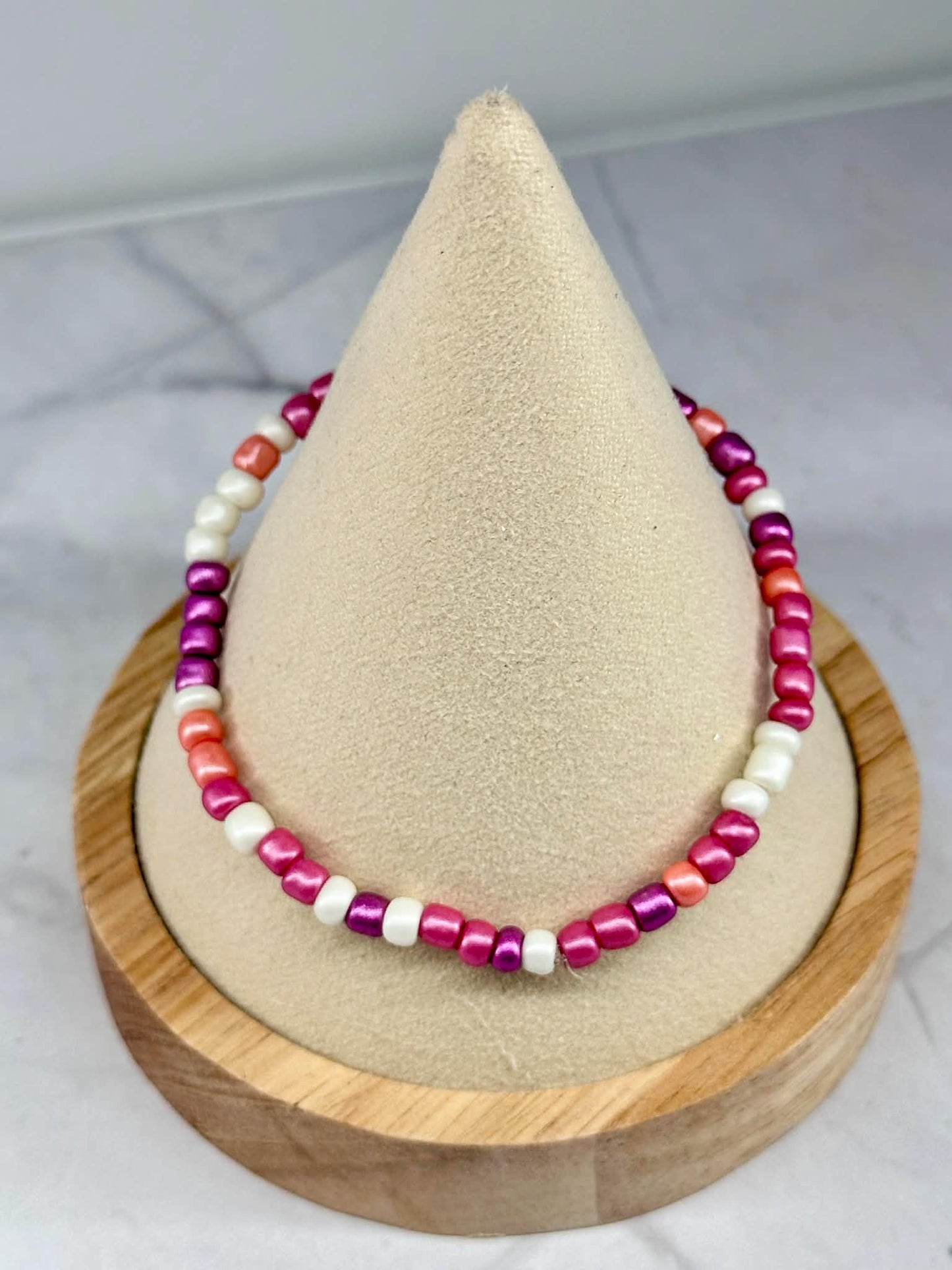 Single Strand Shimmer Pink, Off White, Purple Seed Bead Bracelet