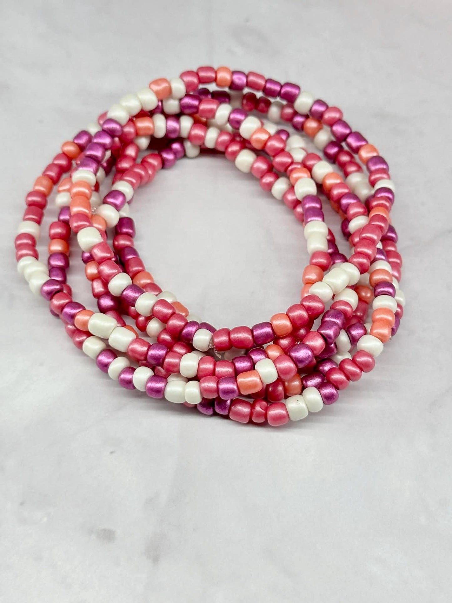 Single Strand Shimmer Pink, Off White, Purple Seed Bead Bracelet