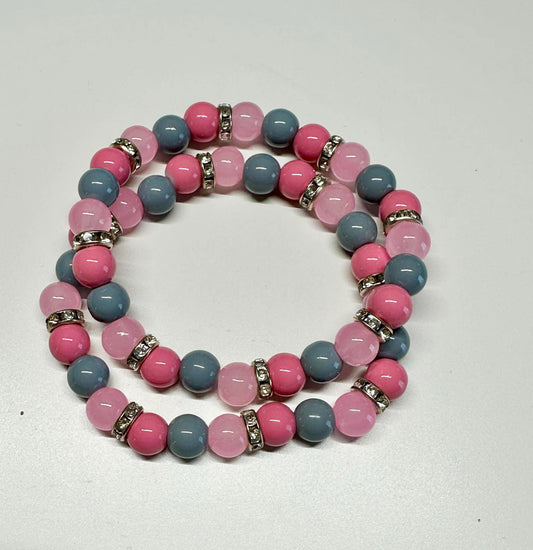Single Strand Pink and Gray Mixture Beaded Stretch Bracelet