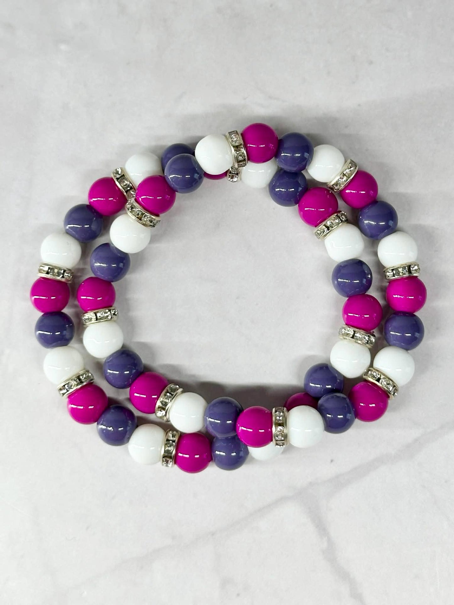 Single Strand Magenta, White and Gray Mixture Beaded Stretch Bracelet